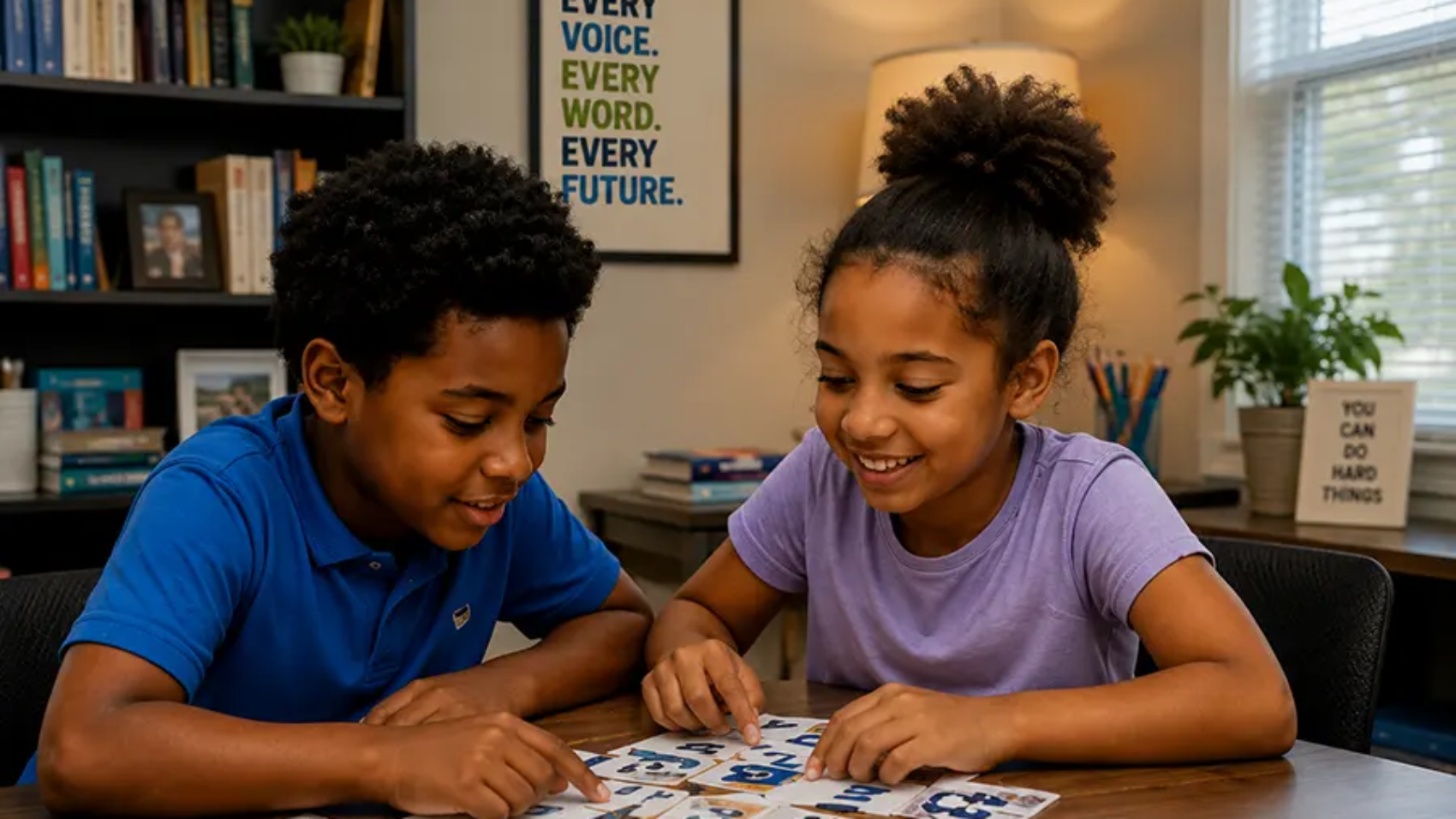 Two children sit at a table, smiling as they arrange letter tiles for a word activity.