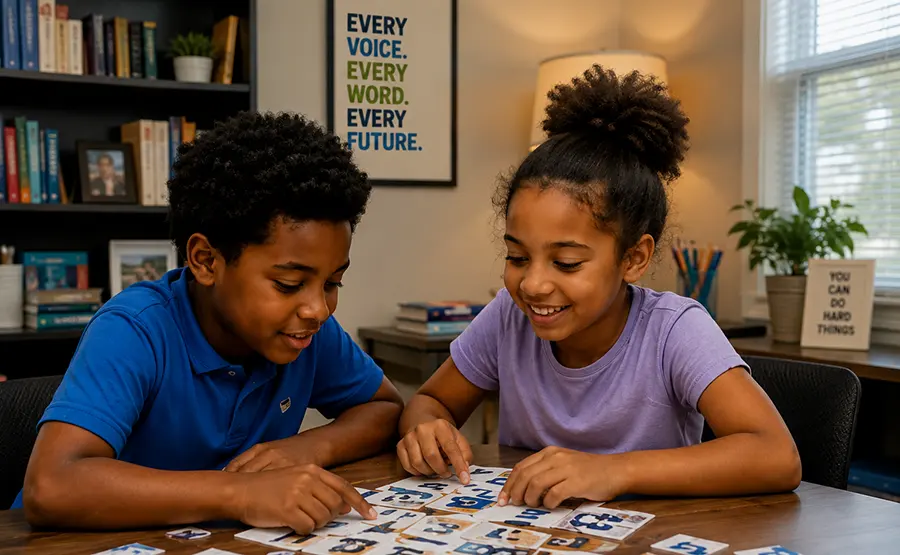 Two children sit at a table, smiling as they arrange letter tiles for a word activity.